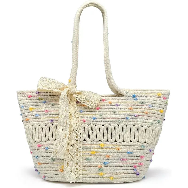 Pahajim women's handbag woven shoulder bag grass bag cotton women's zipper summer crochet bag travel, beach and shopping