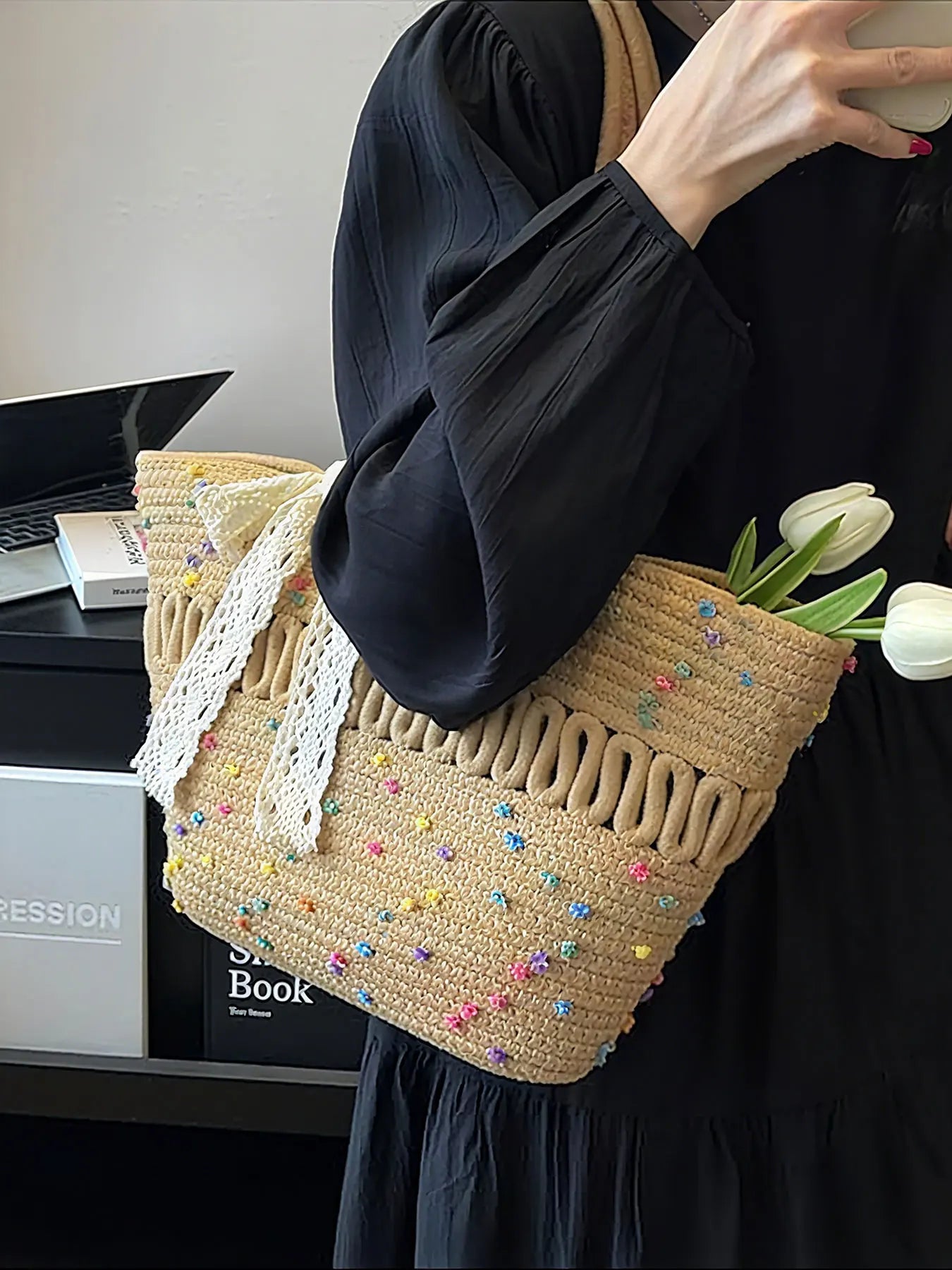 Pahajim women's handbag woven shoulder bag grass bag cotton women's zipper summer crochet bag travel, beach and shopping