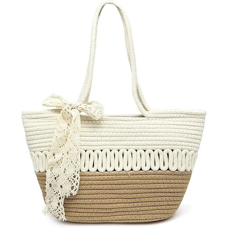 Pahajim women's handbag woven shoulder bag grass bag cotton women's zipper summer crochet bag travel, beach and shopping