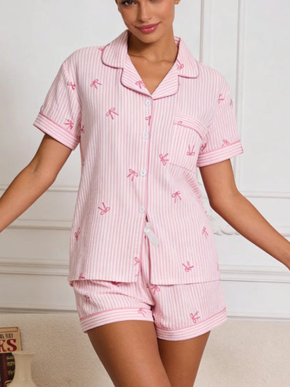 Women Pajamas Cardigan Lapel Short Sleeve Shorts Two Piece Set Loungewear Spring Summer Sweet Pink Base Pink Bow Stripe Loose Co