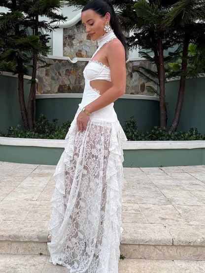 Sexy Lace Patchwork Dress Women Hollow Out Sleeveless Party Club Long Skirt See Through Halter Evening Gown Vacation Lady Robes