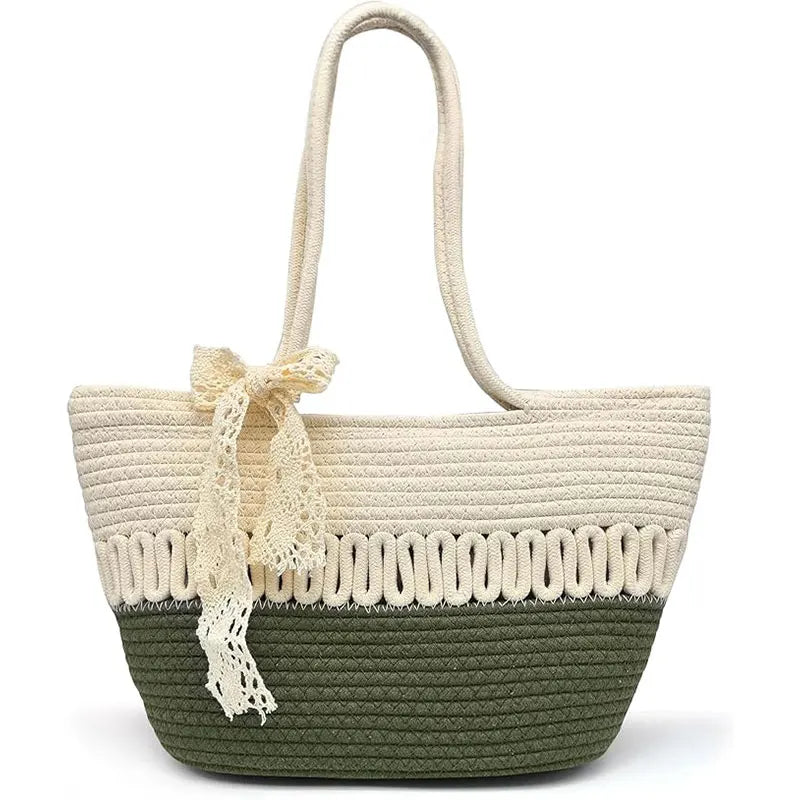 Pahajim women's handbag woven shoulder bag grass bag cotton women's zipper summer crochet bag travel, beach and shopping