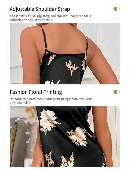 Women Nightwear Home Clothes Sexy Black Floral Printing Nightdress Sleepwear Nightshirts Silk Sleepshirts Nightgowns For Woman