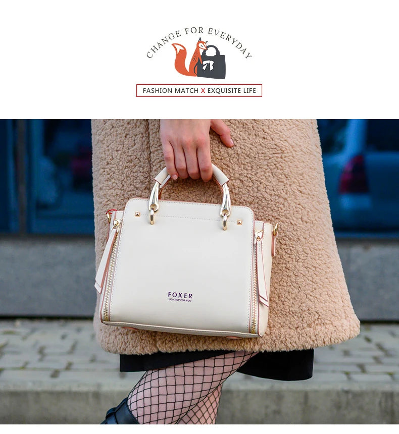 FOXER Split Leather Women's Shoulder Bag Elegant Handbag 2026 New Female Large Tote Bag Luxury Design Crossbody Purse