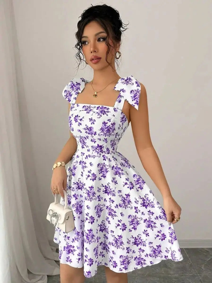 New Ditsy Floral Shoulder Tie Bow Waisted A-Line Dress，Women's Summer Clothing