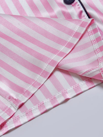 Striped Embroidered Letter Pocket Short Sleeve and Shorts Pajama Set, Casual Satin Sleepwear with Lapel Collar and Button Detail