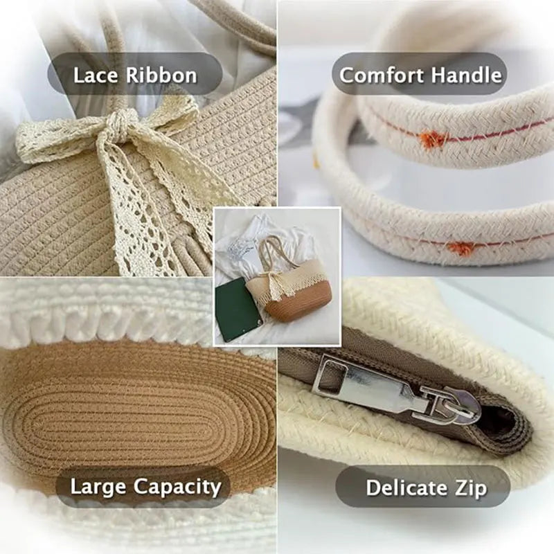 Pahajim women's handbag woven shoulder bag grass bag cotton women's zipper summer crochet bag travel, beach and shopping