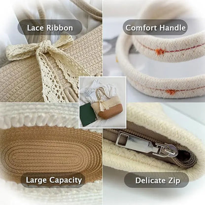 Pahajim women's handbag woven shoulder bag grass bag cotton women's zipper summer crochet bag travel, beach and shopping