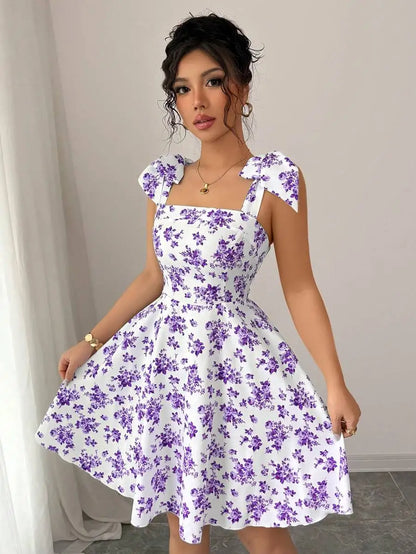New Ditsy Floral Shoulder Tie Bow Waisted A-Line Dress，Women's Summer Clothing