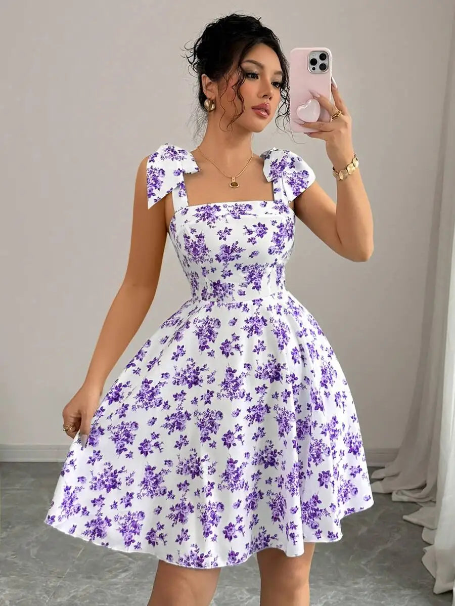 New Ditsy Floral Shoulder Tie Bow Waisted A-Line Dress，Women's Summer Clothing