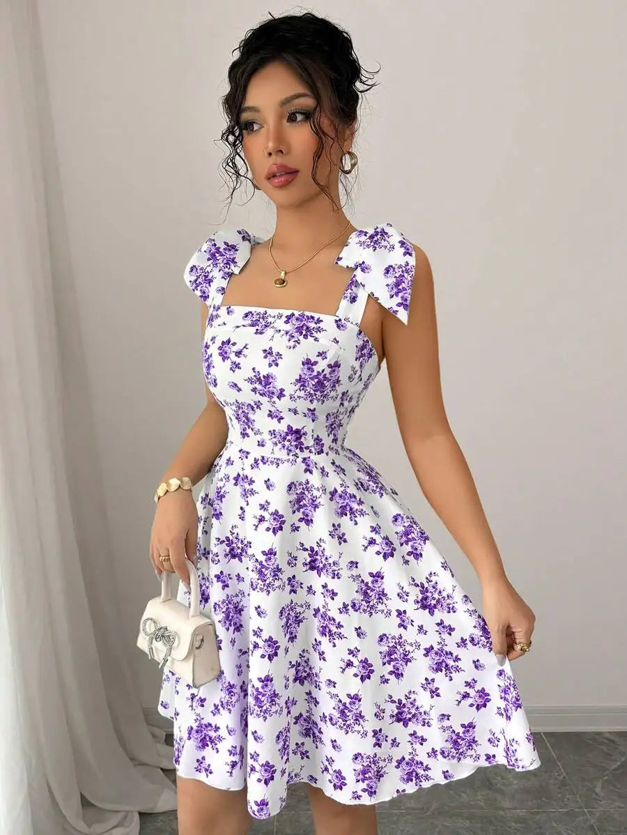 New Ditsy Floral Shoulder Tie Bow Waisted A-Line Dress，Women's Summer Clothing