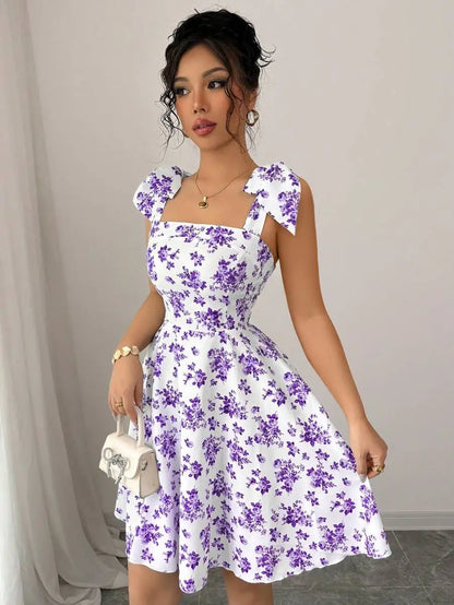 New Ditsy Floral Shoulder Tie Bow Waisted A-Line Dress，Women's Summer Clothing