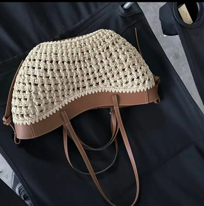 2026 Summer Hollow-out Raffia and Pu Leather Everyday Bag Lightweight Handcrafted Large Straw Tote Bag for Women Beach Bags