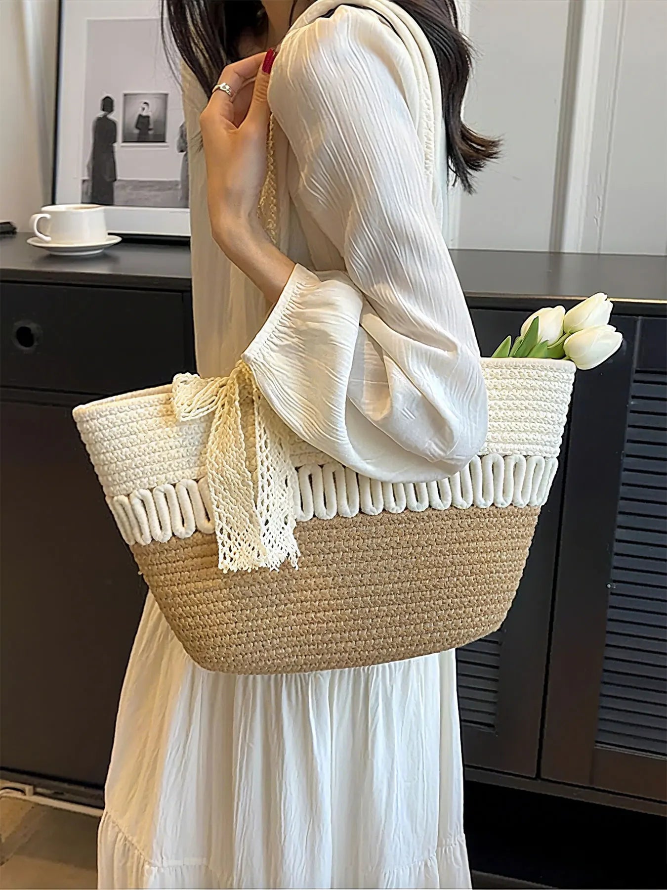 Pahajim women's handbag woven shoulder bag grass bag cotton women's zipper summer crochet bag travel, beach and shopping