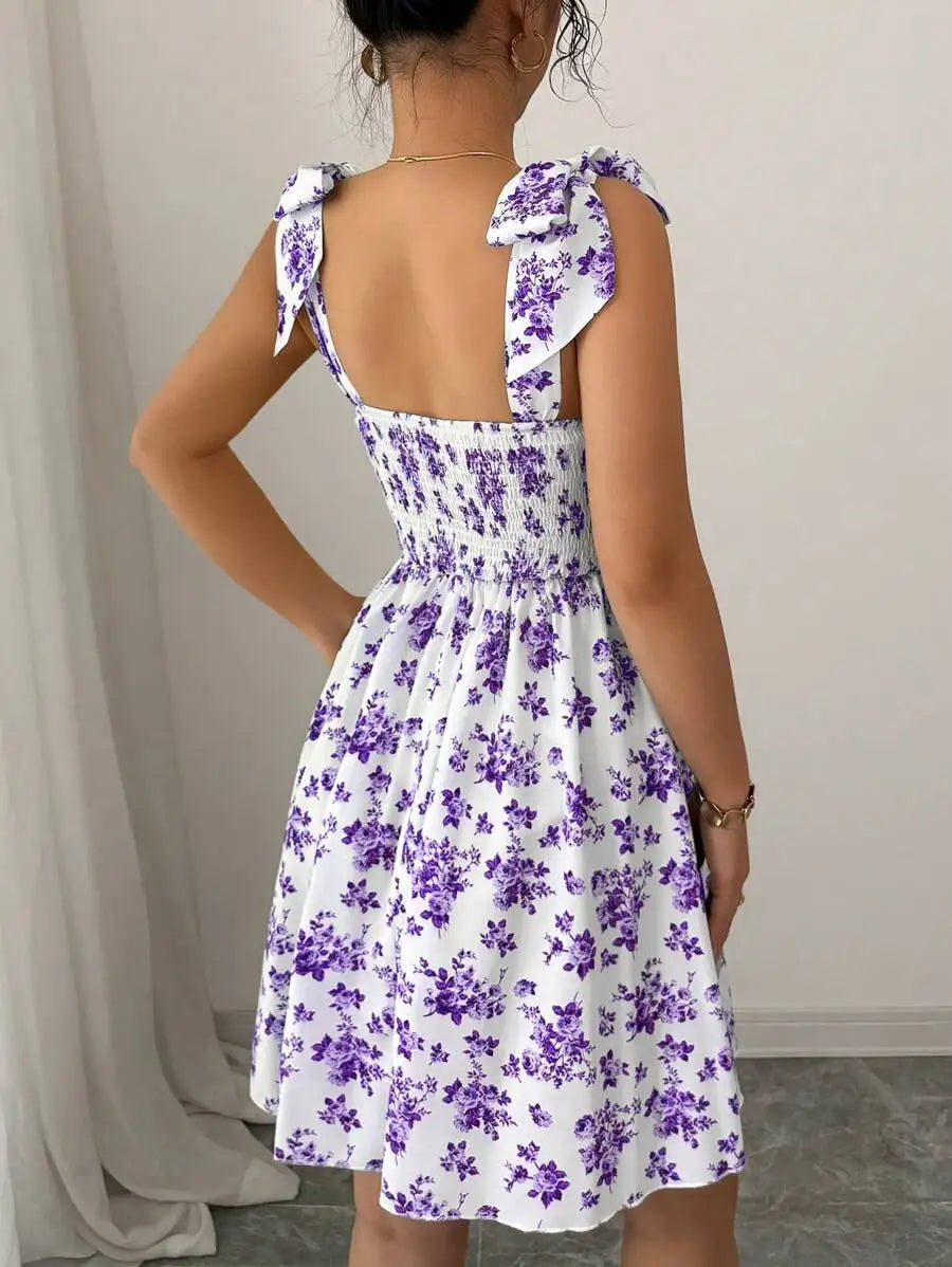 New Ditsy Floral Shoulder Tie Bow Waisted A-Line Dress，Women's Summer Clothing