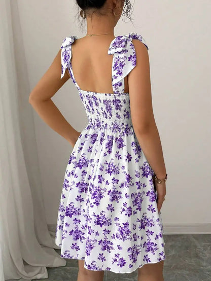 New Ditsy Floral Shoulder Tie Bow Waisted A-Line Dress，Women's Summer Clothing