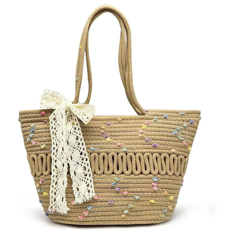 Pahajim women's handbag woven shoulder bag grass bag cotton women's zipper summer crochet bag travel, beach and shopping