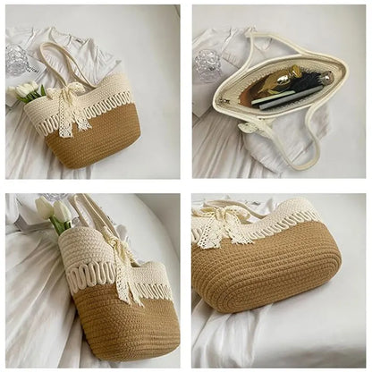 Pahajim women's handbag woven shoulder bag grass bag cotton women's zipper summer crochet bag travel, beach and shopping