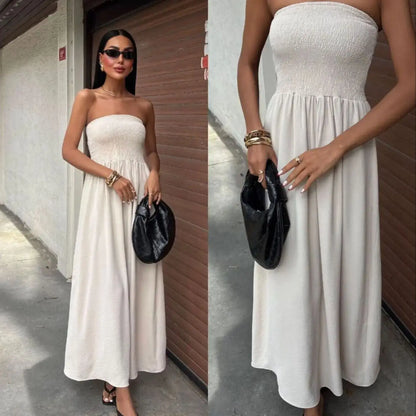 2026 New Summer Fashion Solid Color Off-Shoulder Strapless Waist-Cinching Long Dress for Women