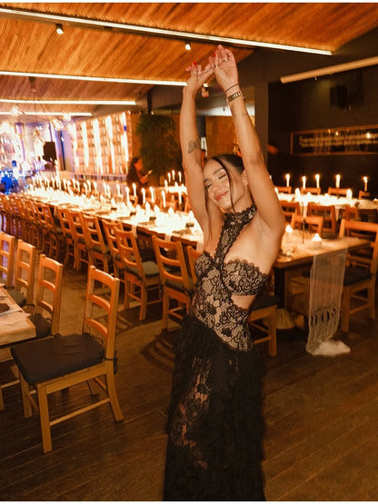 Sexy Lace Patchwork Dress Women Hollow Out Sleeveless Party Club Long Skirt See Through Halter Evening Gown Vacation Lady Robes