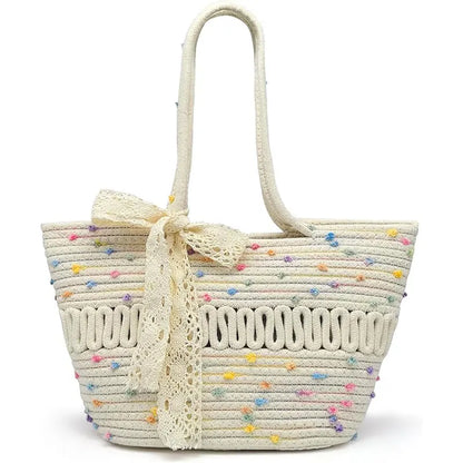 Pahajim women's handbag woven shoulder bag grass bag cotton women's zipper summer crochet bag travel, beach and shopping