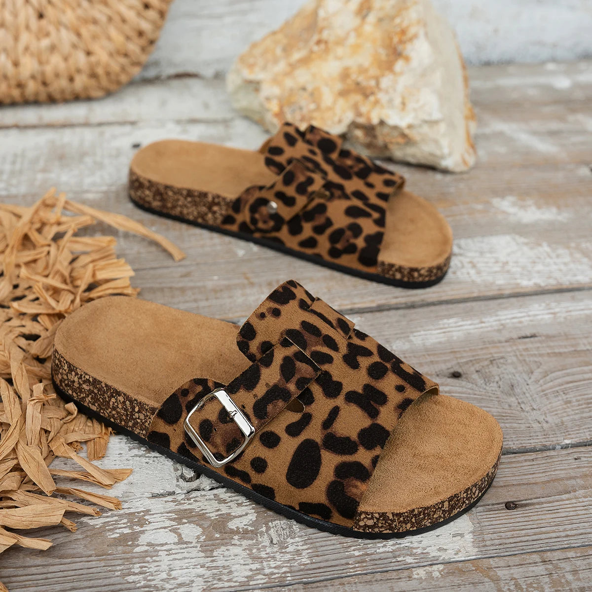 Sandales Mules à Semelle Liège et Boucle Réglable