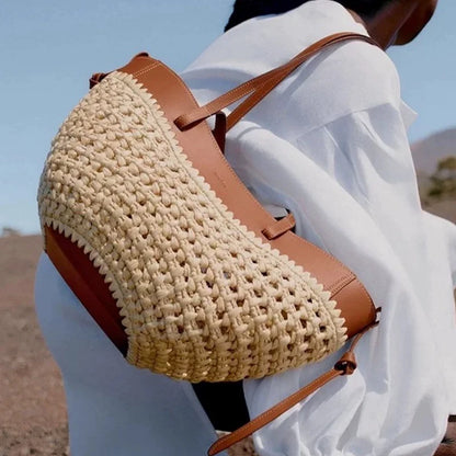2026 Summer Hollow-out Raffia and Pu Leather Everyday Bag Lightweight Handcrafted Large Straw Tote Bag for Women Beach Bags